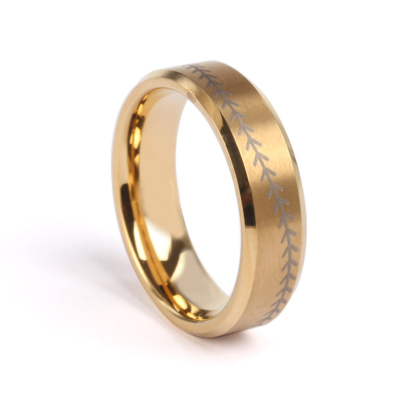 Tungsten 6mm Golden Ring with Baseball Stitching and Chain