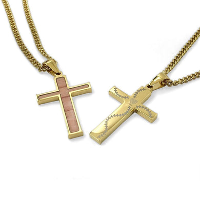 Golden Stitched Bat Wood Inlay Cross Pendant and Chain (FREE SHIPPING)