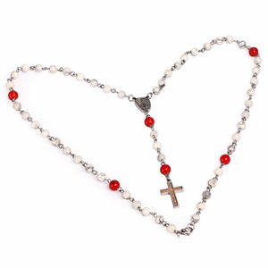 Baseball White and Red Turquoise Stone Rosary Necklace