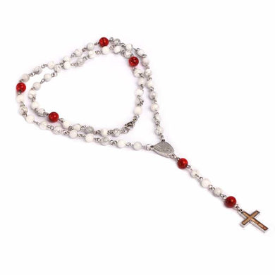 Baseball White and Red Turquoise Stone Rosary Necklace