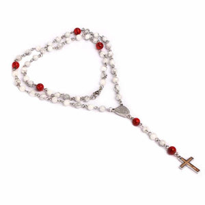 Baseball White and Red Turquoise Stone Rosary Necklace