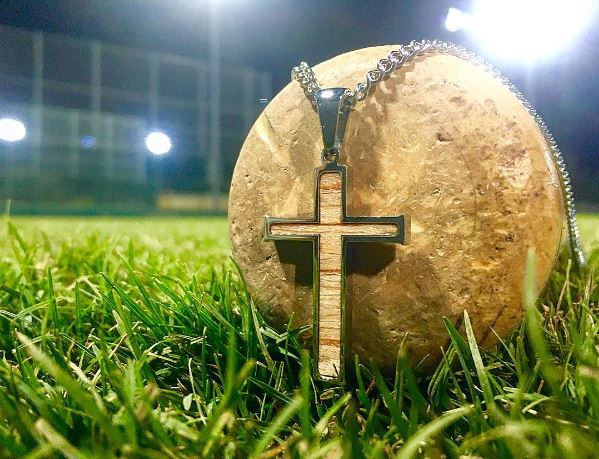 Stainless Stitched Bat Wood Inlay Cross Pendant and Chain
