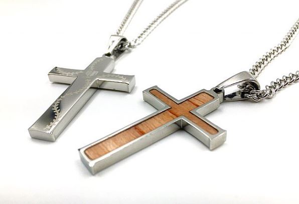 Stainless Stitched Bat Wood Inlay Cross Pendant and Chain
