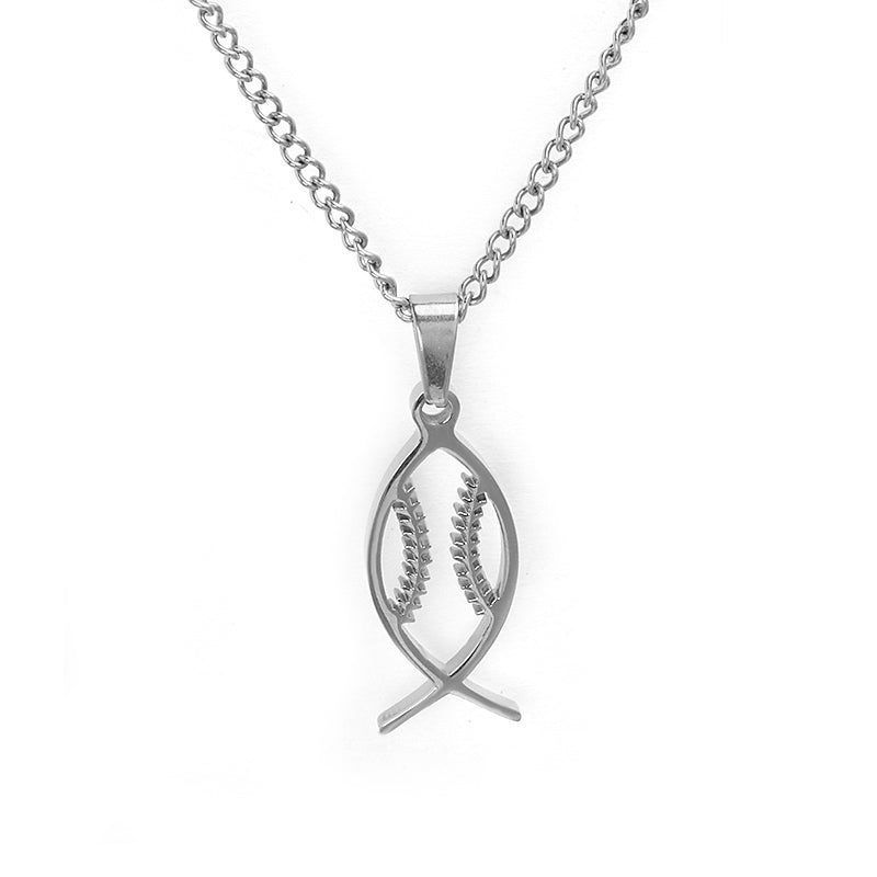 Stainless Jesus Fish Baseball Pendant and Chain
