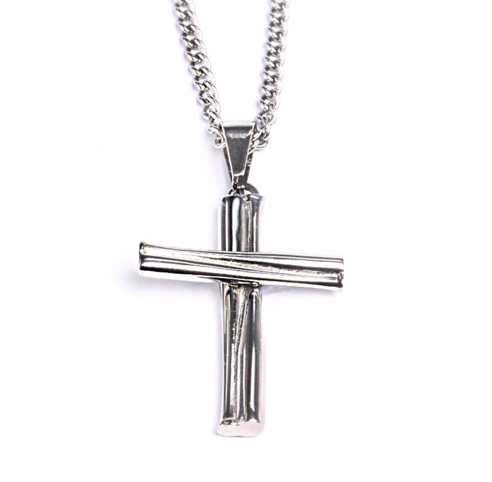 Stainless Grand Slam Stacked Cross Bat Pendant and Chain