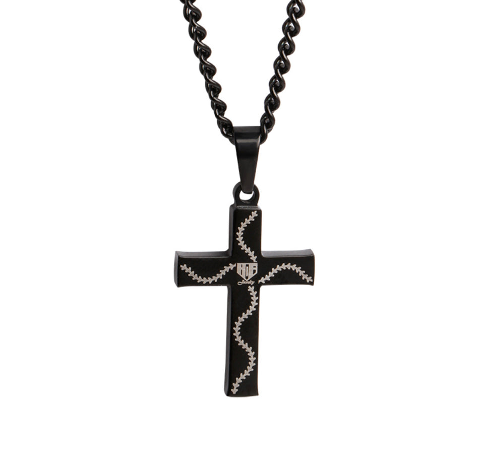 Mini Black Bat Wood Inlay Cross Pendant and Chain