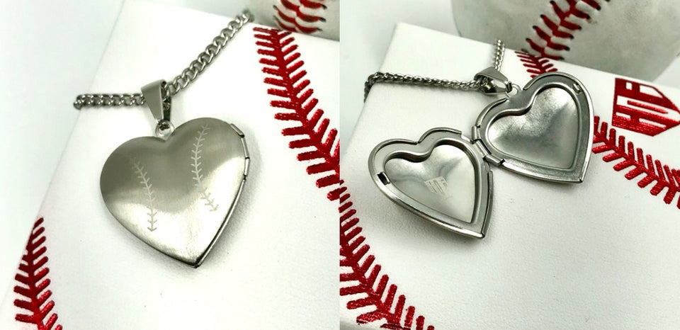 Stainless Baseball Heart Locket and Chain