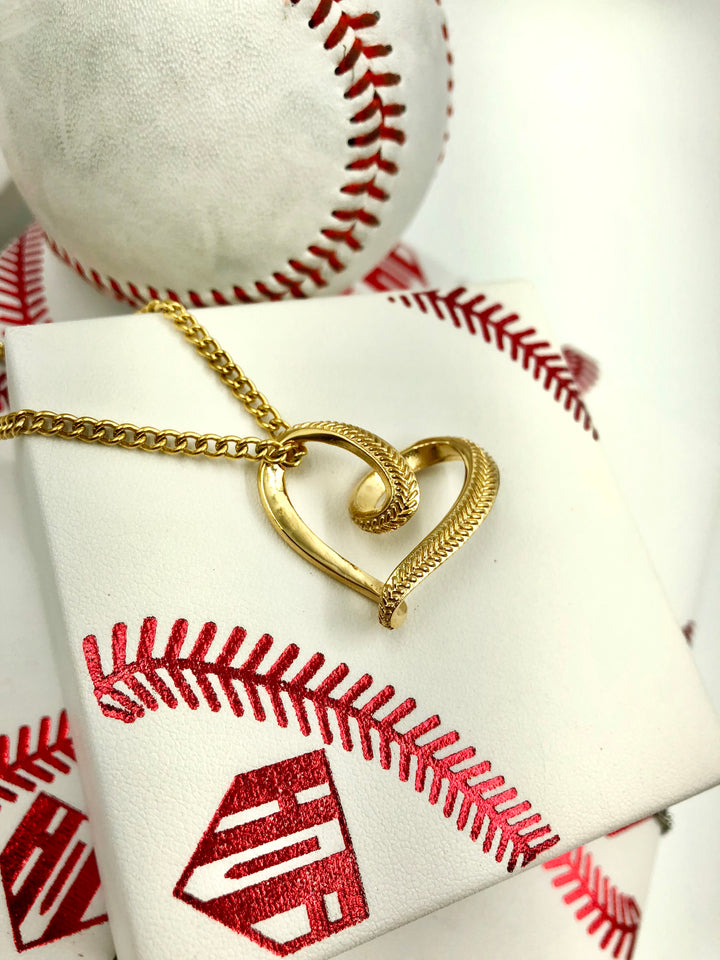 Golden Baseball Stitched Infinity Heart Pendant and Chain