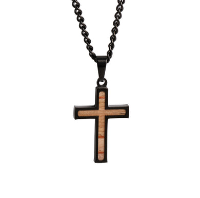 Mini Black Bat Wood Inlay Cross Pendant and Chain