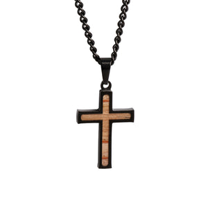 Mini Black Bat Wood Inlay Cross Pendant and Chain