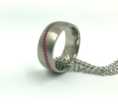 Titanium 8MM Red Stitch Baseball Ring with Chain Necklace
