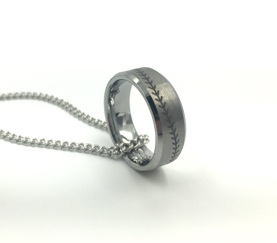 Tungsten 8mm Silver Ring With Baseball Stitching