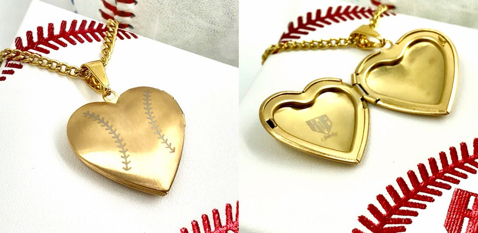 Golden Stainless Baseball Heart Locket and Chain