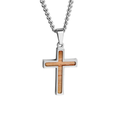Mini Stainless Bat Wood Inlay Cross Pendant and Chain