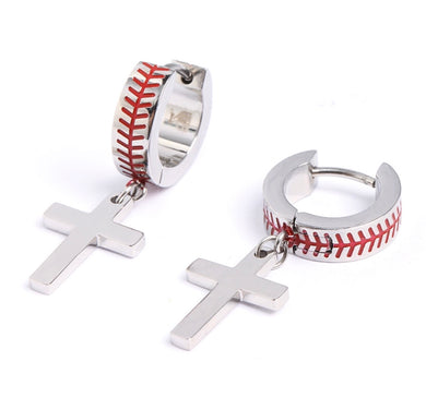 Stainless Baseball Cross Hoop Earrings