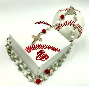 Baseball White and Red Turquoise Stone Rosary Necklace
