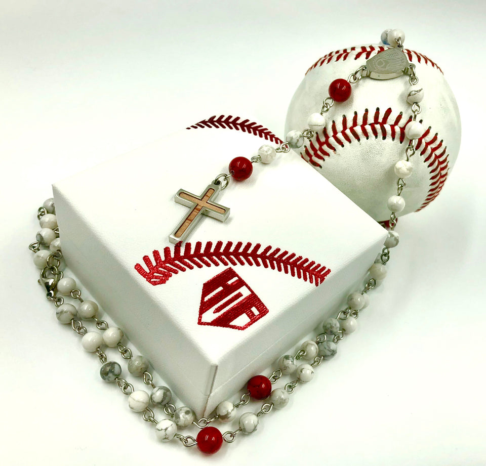Baseball White and Red Turquoise Stone Rosary Necklace