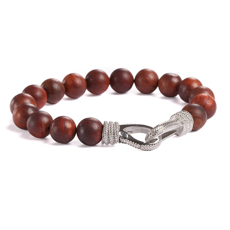 Baseball Stainless Stitch Clasped Wood Bead Bracelet