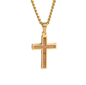 Mini Golden Bat Wood Inlay Cross Pendant and Chain